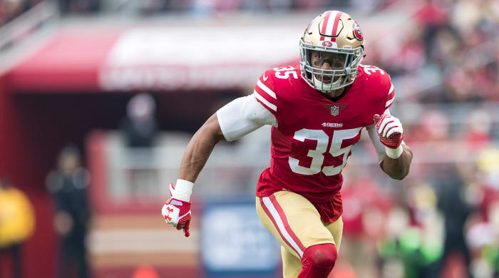 San Francisco 49ers strong safety Eric Reid (35) during an NFL regular season football game against the Jacksonville Jaguars on Sunday, Dec. 24, 2017 in Santa Clara, Calif. The 49ers won, 44-33. (Ric Tapia via AP)